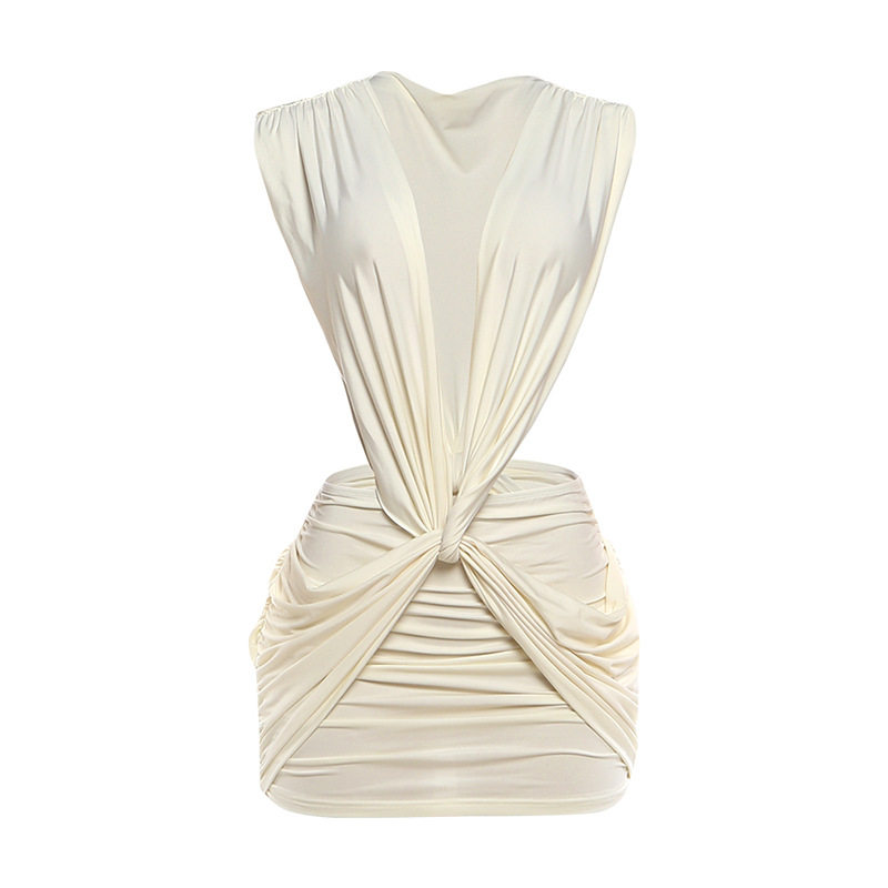 欧美风2026春季新款女装纯色深V领性感修身包臀褶皱无袖连衣裙女