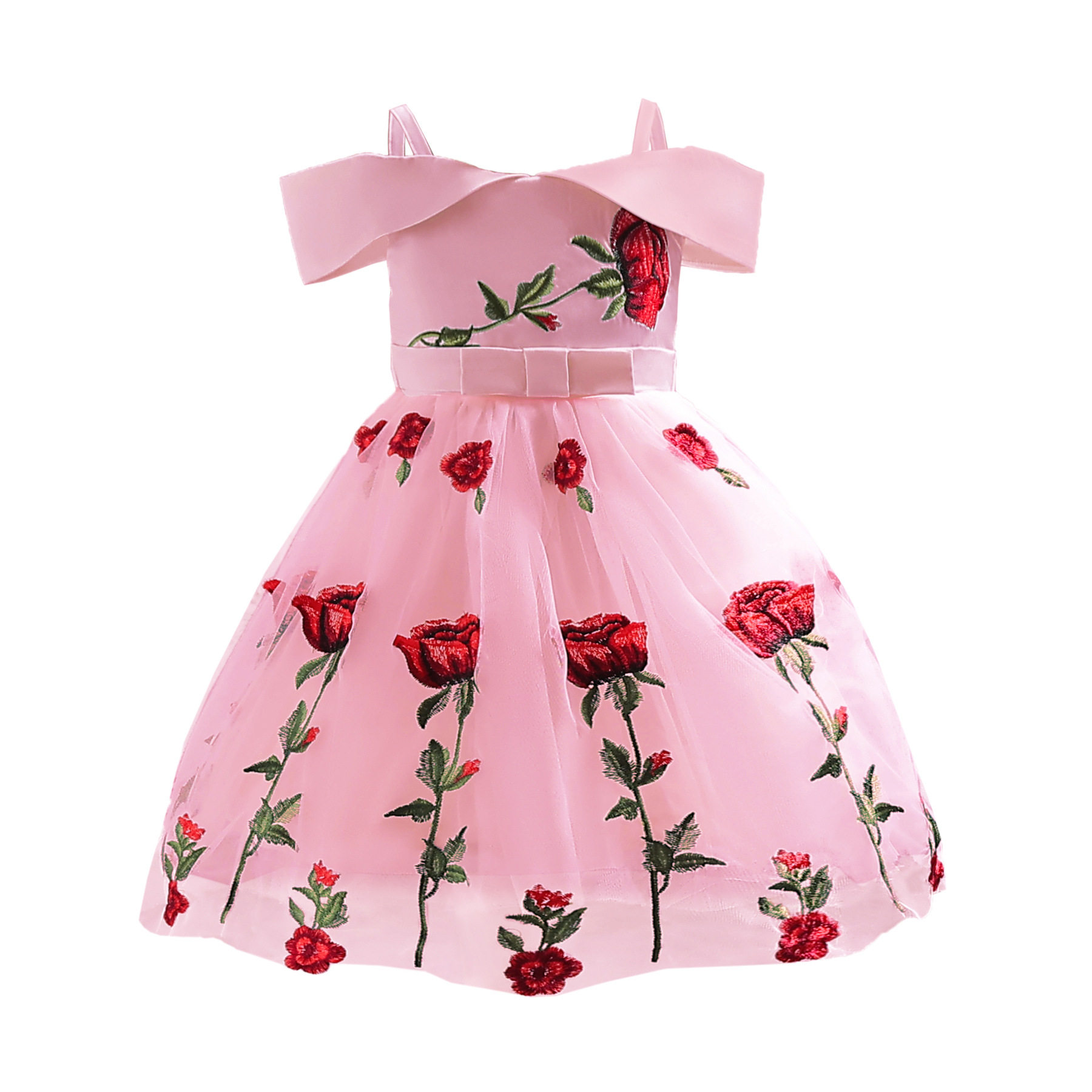 girls' dress children's clothing little girl off-shoulder princess dress children's rose embroidered mesh dress