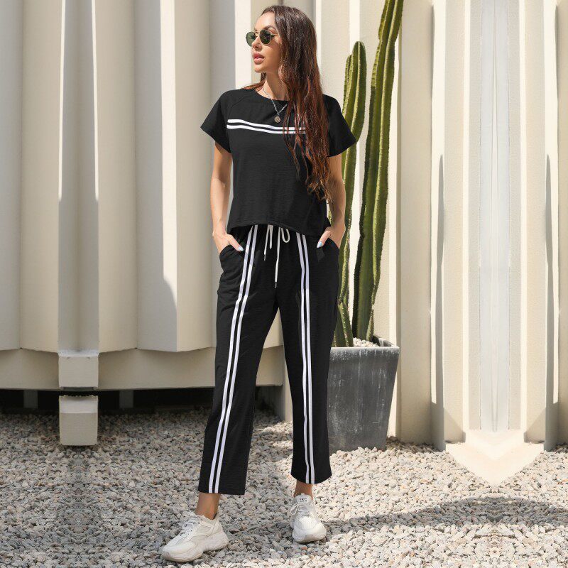 Two Piece Striped Casual Set Short Sleeve Round Neck Trendy Design Perfect for Summer Outings Wholesale Available