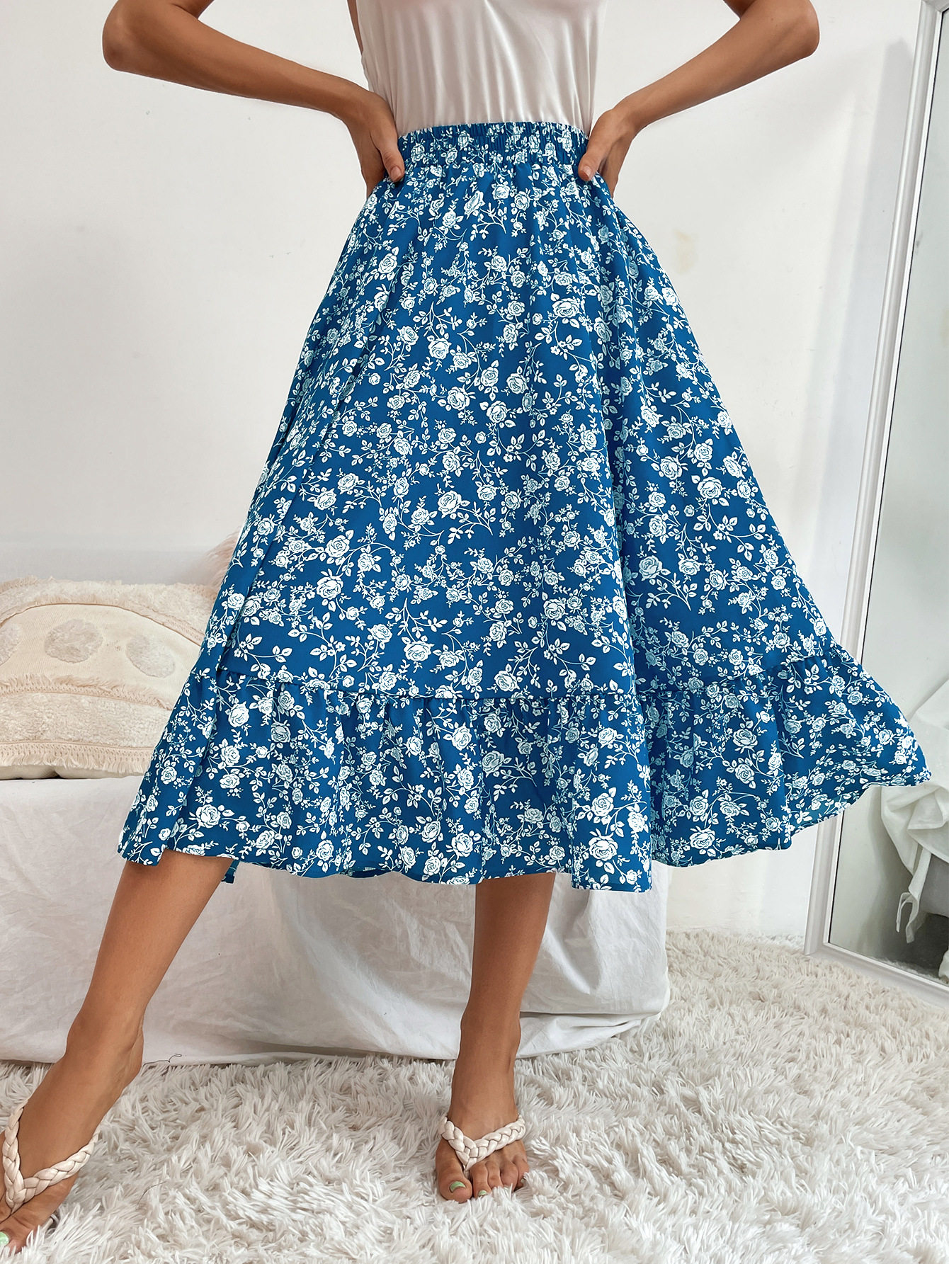 Floral Midi Skirt Casual Versatile Commuter Style Perfect for Vacation or Everyday Wear Wholesale Available