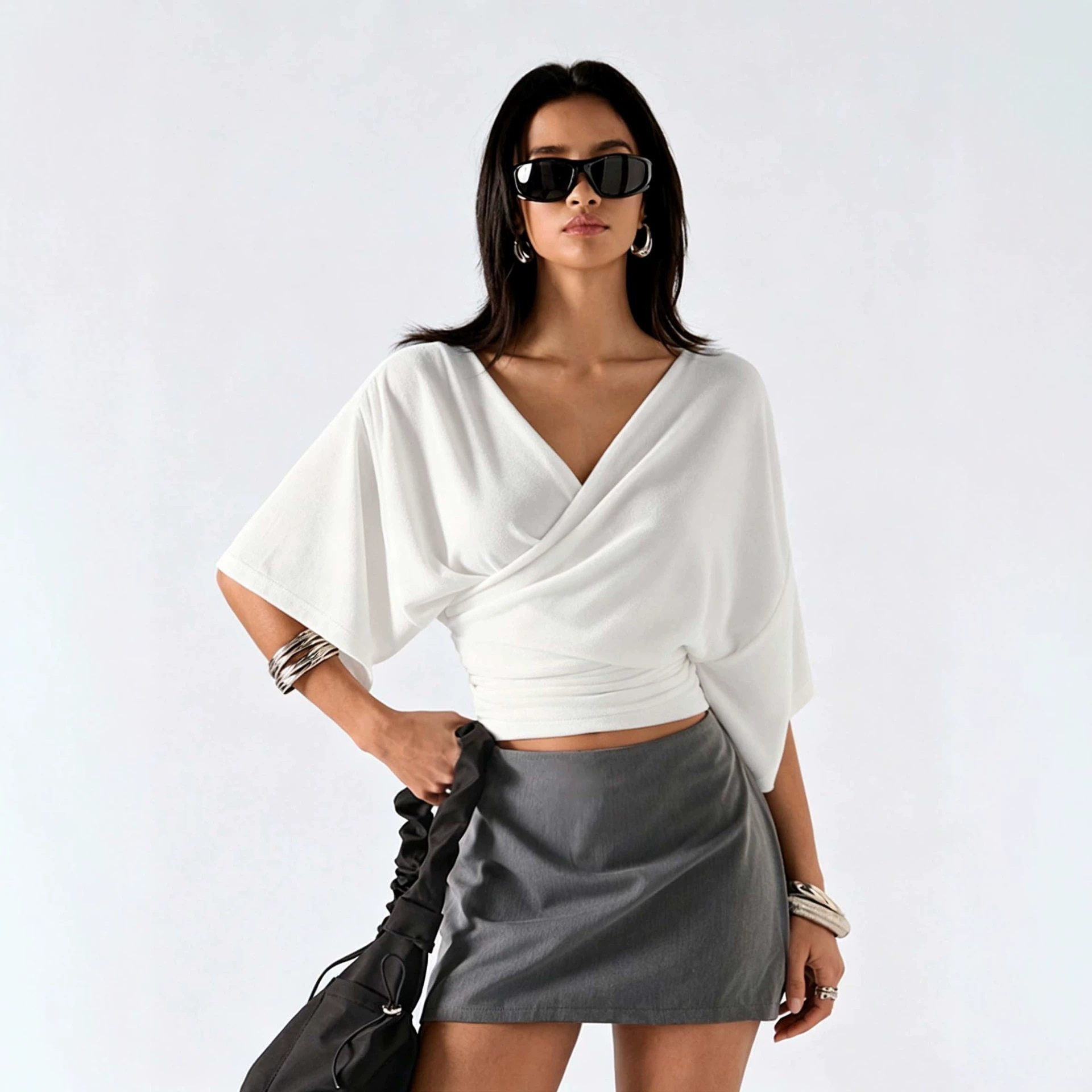 French Style Batwing Sleeve Top V Neck Ruched Waist Slim Fit Elegant Casual Wear for Office Wholesale Available