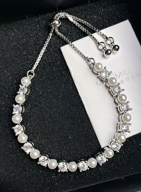 真金电镀精致锆石珍珠手链女轻奢小众级感抽拉式手环闺蜜手饰品