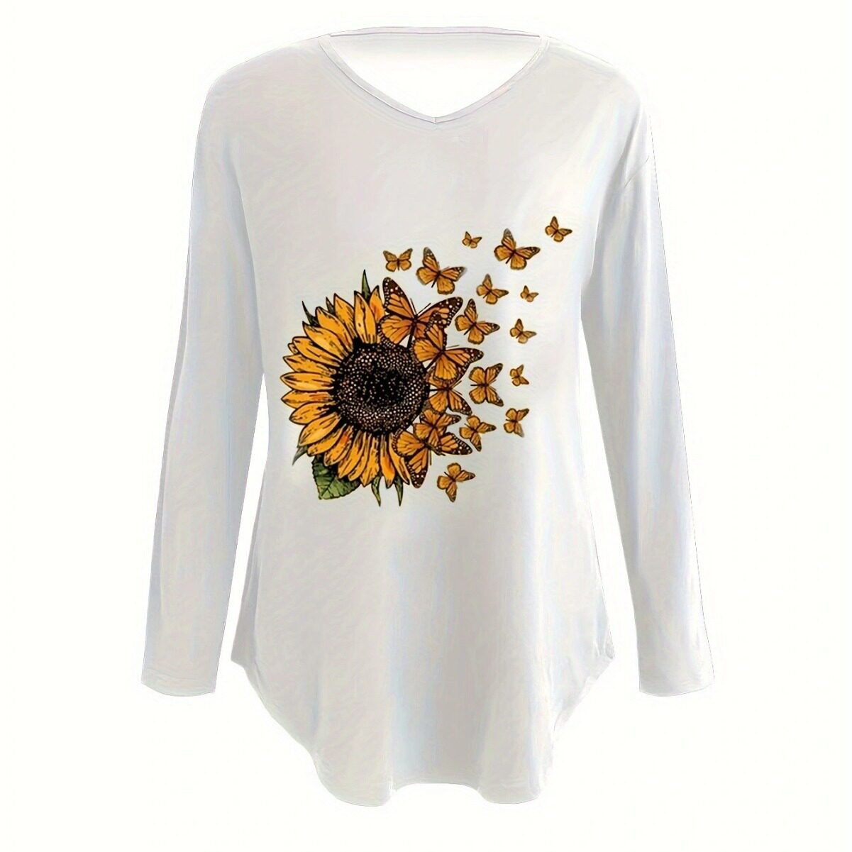 Womens Long Sleeve T Shirt V Neck Loose Fit Sunflower Print Summer Casual Wear Wholesale Available