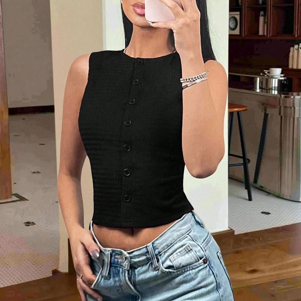 Sleeveless Knit Crop Top Round Neck Slim Fit Lightweight Fabric Spring Summer Casual Wear Wholesale Available