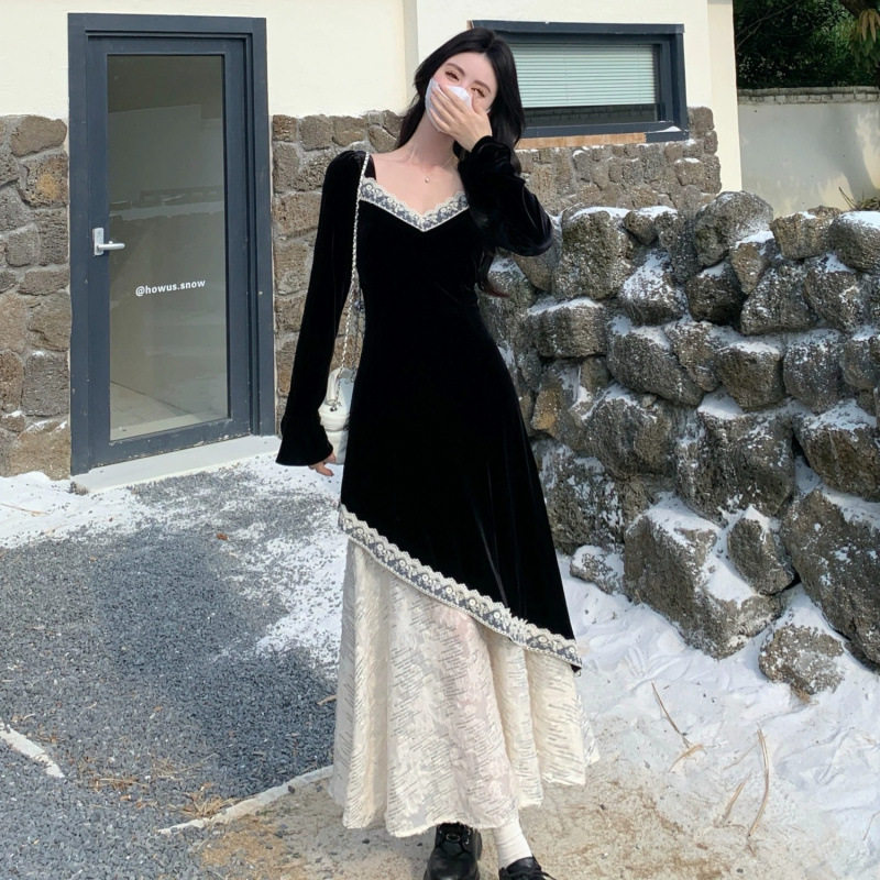 white christmas dresses IHF ATELIER - Pleated Lace and Velvet Gown main image 1