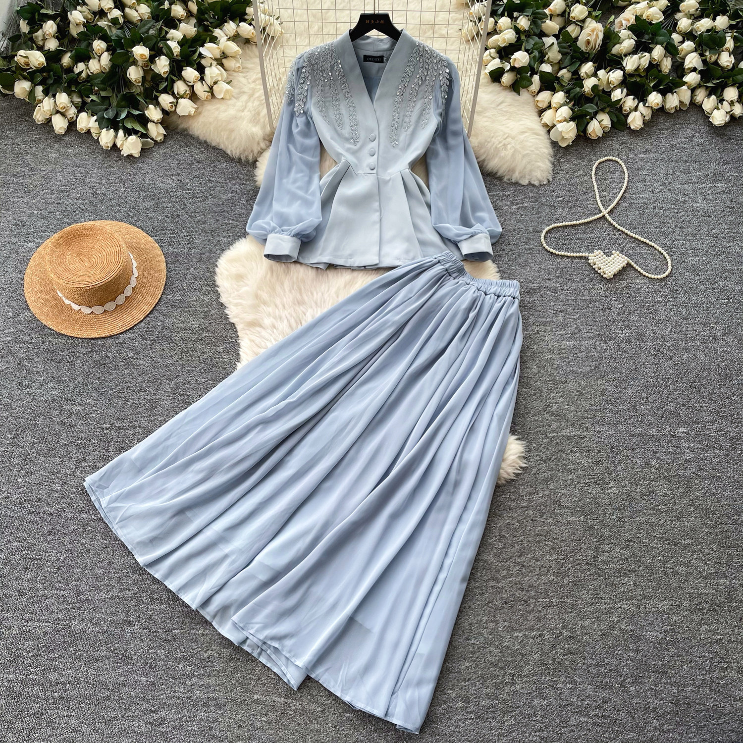 French Style V Neck Embroidered Jacket with High Waisted Pleated Skirt Elegant Lightweight Two Piece Set for Fall