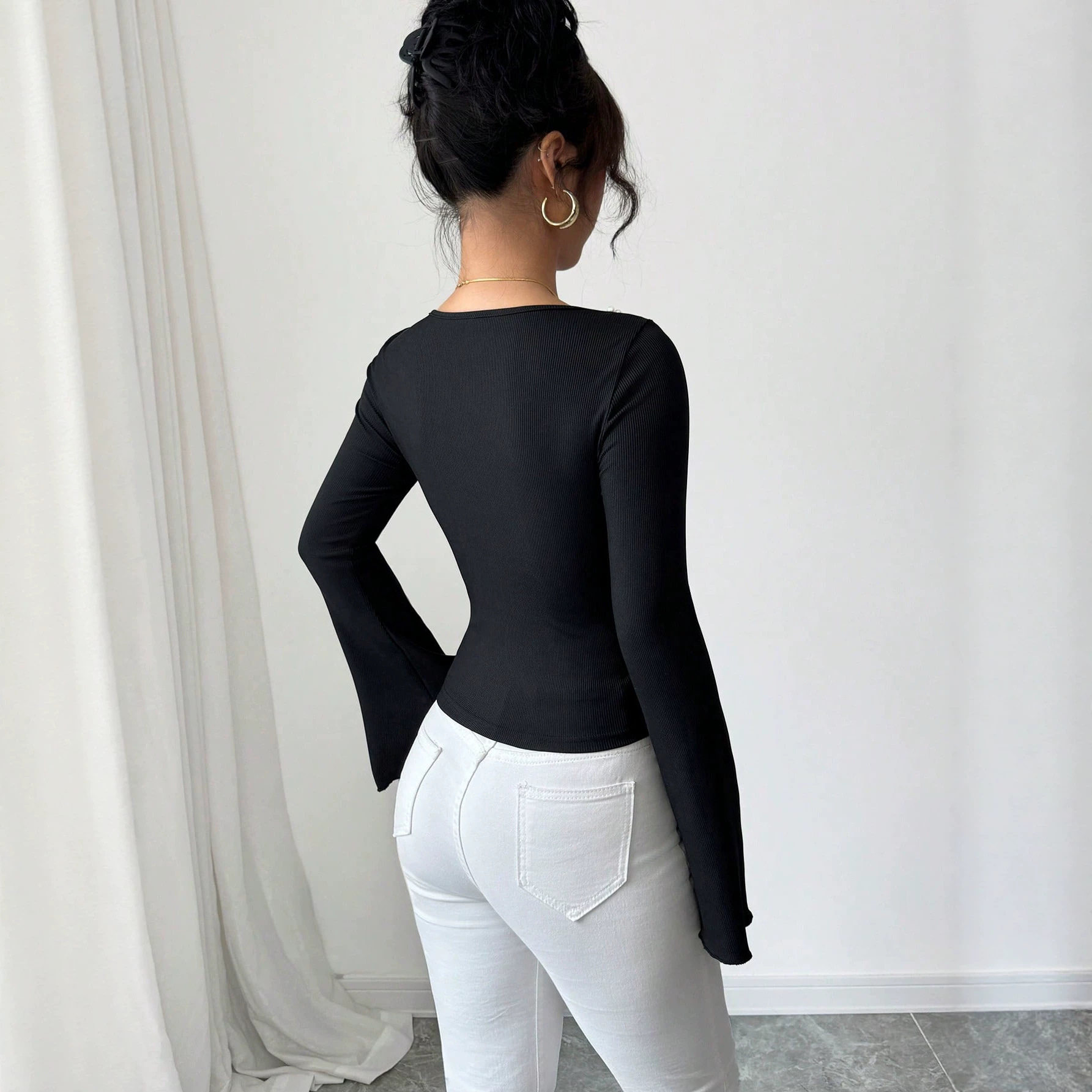Black Square Neck T Shirt for Women Pearl Decor Flared Sleeves Slim Fit Long Sleeve Casual Wear Wholesale