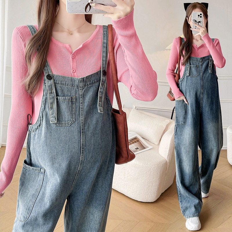 Real shot maternity clothing new style suspenders temperament drawstring pregnant women Denim suspenders knitted solid color bottoming shirt suit