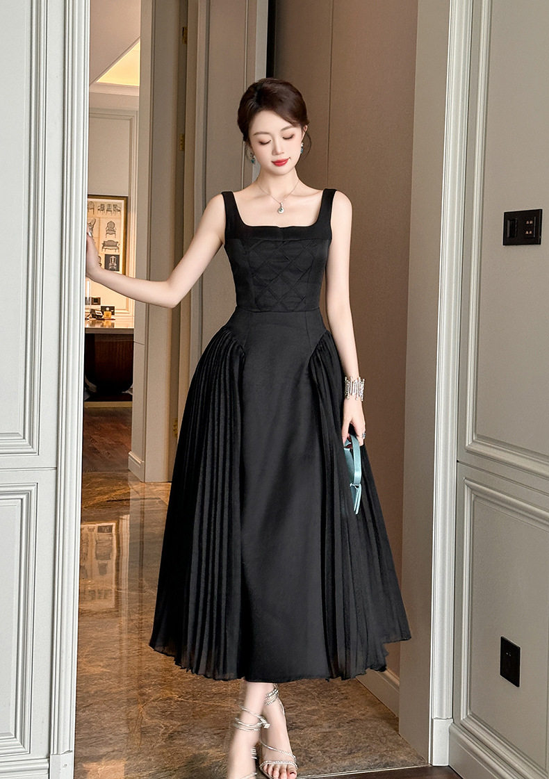 Đầm ôm body nữ dáng dài cổ vuông xếp ly phong cách Pháp — [Đen] chi tiết 5
