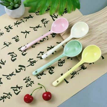 Japanese Style Internet Red Cream Style Hand-Kneading Stone Pattern Household Ceramic Long-Handle Spoon Soup Spoon Soup Spoon High Color Value Small Spoon
