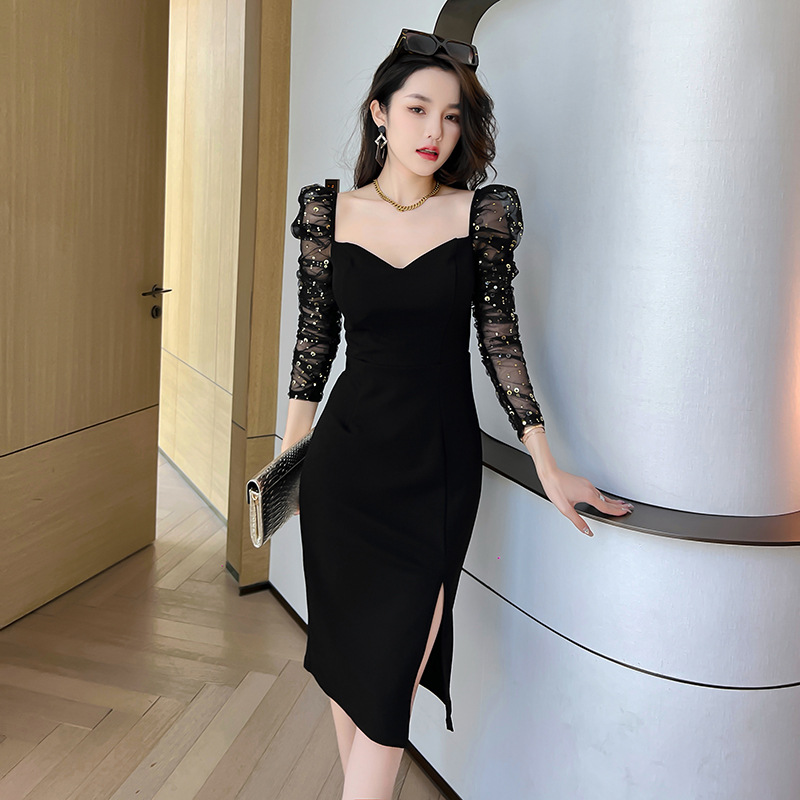 Váy Đầm Liền Thân Nữ Dáng Ôm Lưới Mỏng Hàng Mùa Xuân Thu Đông