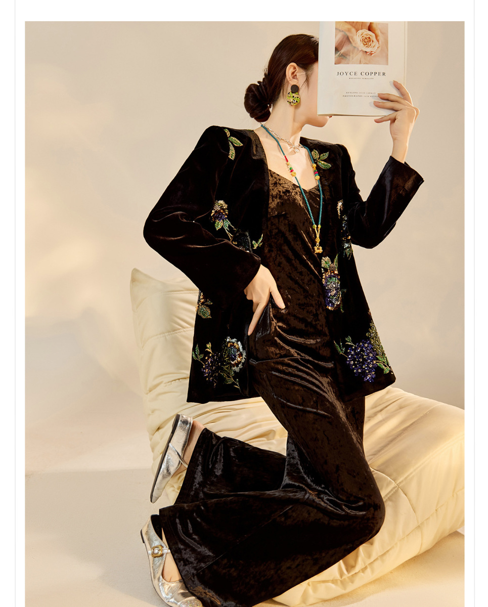 Áo khoác dạ thêu sequin dáng rộng cổ chữ V nữ — Áo khoác ruy băng vàng đen (Giao hàng trong 7 ngày), Áo khoác ruy băng vàng đen (giao hàng trong ngày)