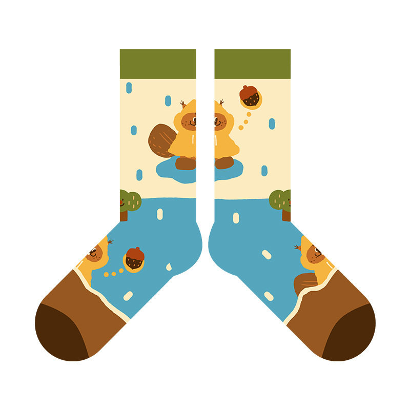 Brand Original Autumn and Winter Fashion Cartoon Little Squirrel Series Personality Socks Women Cute Illustration Tube Socks Cotton Socks