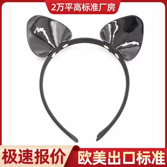 Custom Black Hood for SM Bondage Fetish – Fox & Cat Ear Shiny Patent Leather Headband Pin