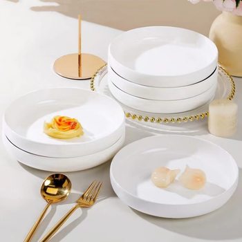 Household Nordic Style Pure White Ceramic Plate Thickened Disc Deepened Vegetable Plate Rice Plate Fruit Plate Soup Plate Nest Plate