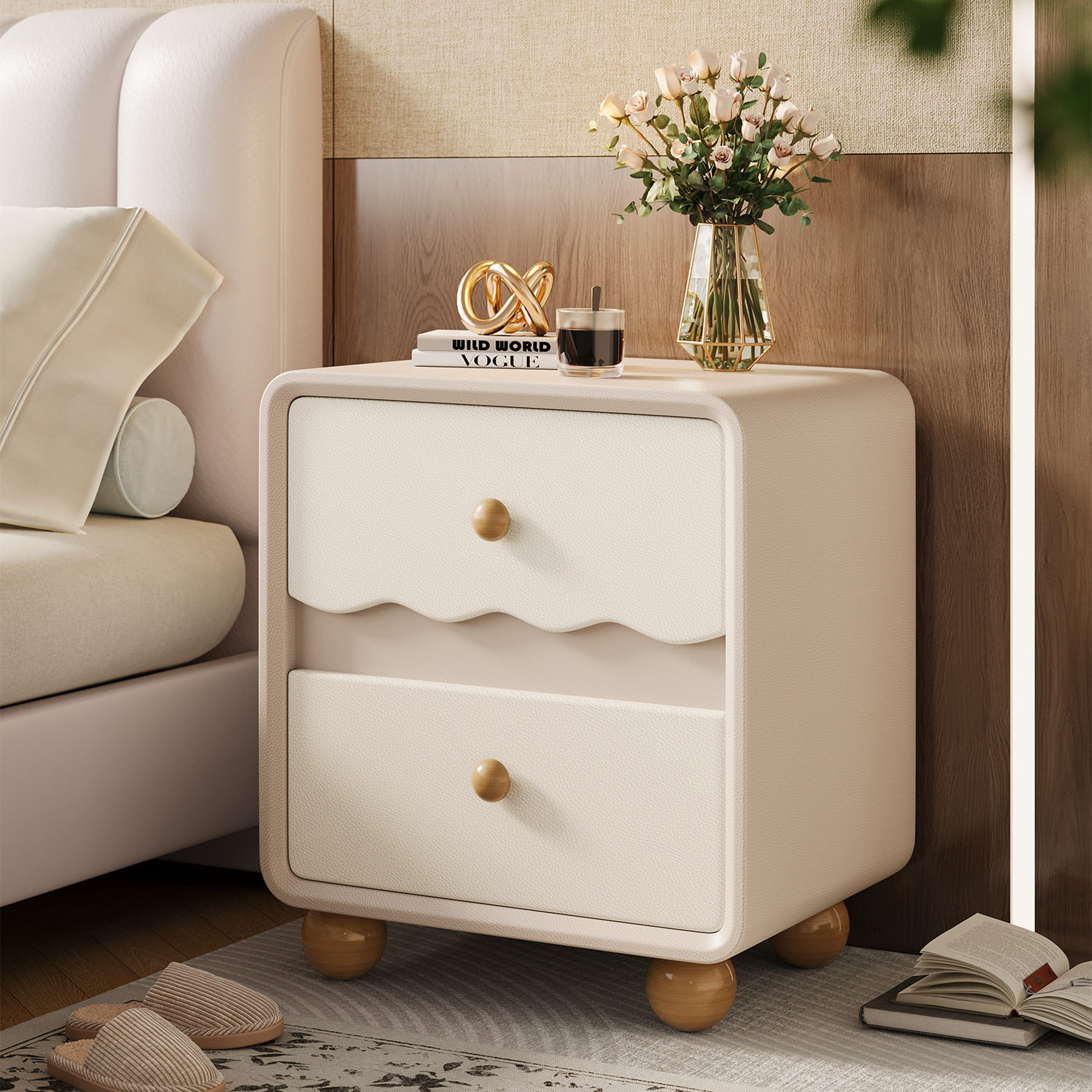 Creative Wooden Bedside Table for Home Bedroom Cream Style Small Bedside Cabinet Wavy Type Installation-Free Side Cabinet