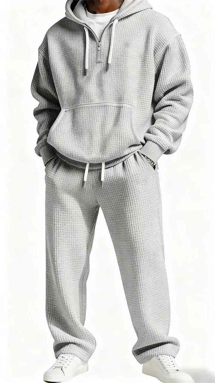 跨境亚马逊爆款秋冬华夫格连帽卫衣卫裤套装3D印花休闲运动套装男