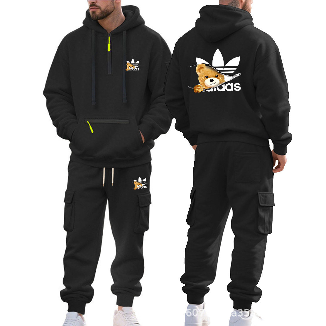 跨境热销秋冬季印花潮流运动休闲男装连帽加绒宽松多口袋工装套装