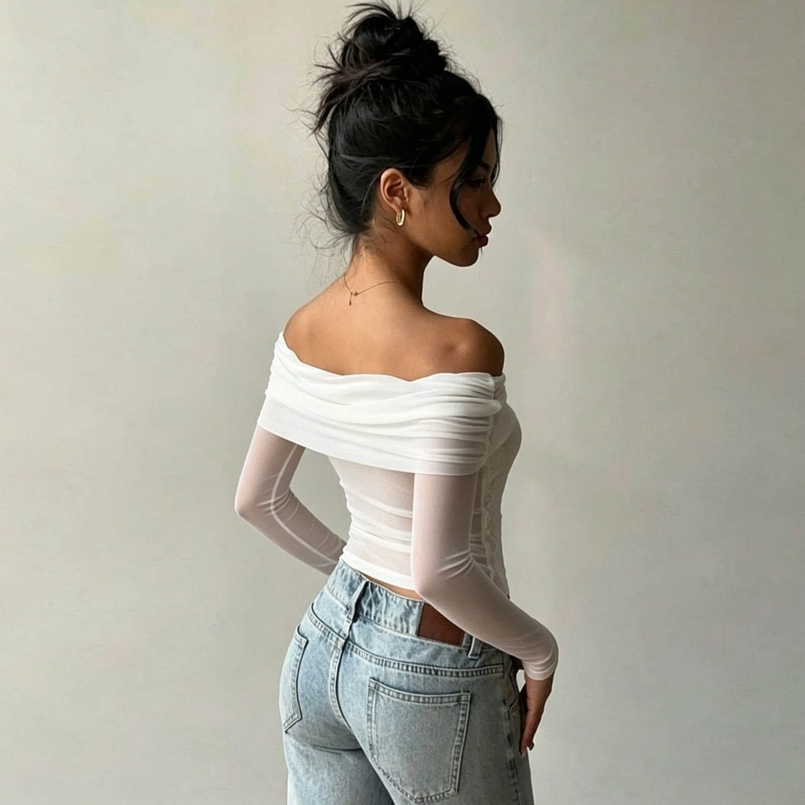 French Style Womens Long Sleeve T Shirt Embroidered Fitted Off Shoulder Autumn Fashion Wholesale Available