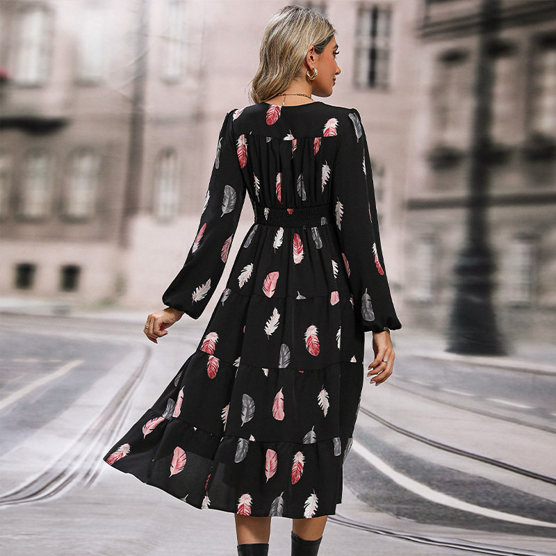 Romantic Elegant Colorful Feather Print Dress Three Quarter Sleeve Spring Fall Style Wholesale Available