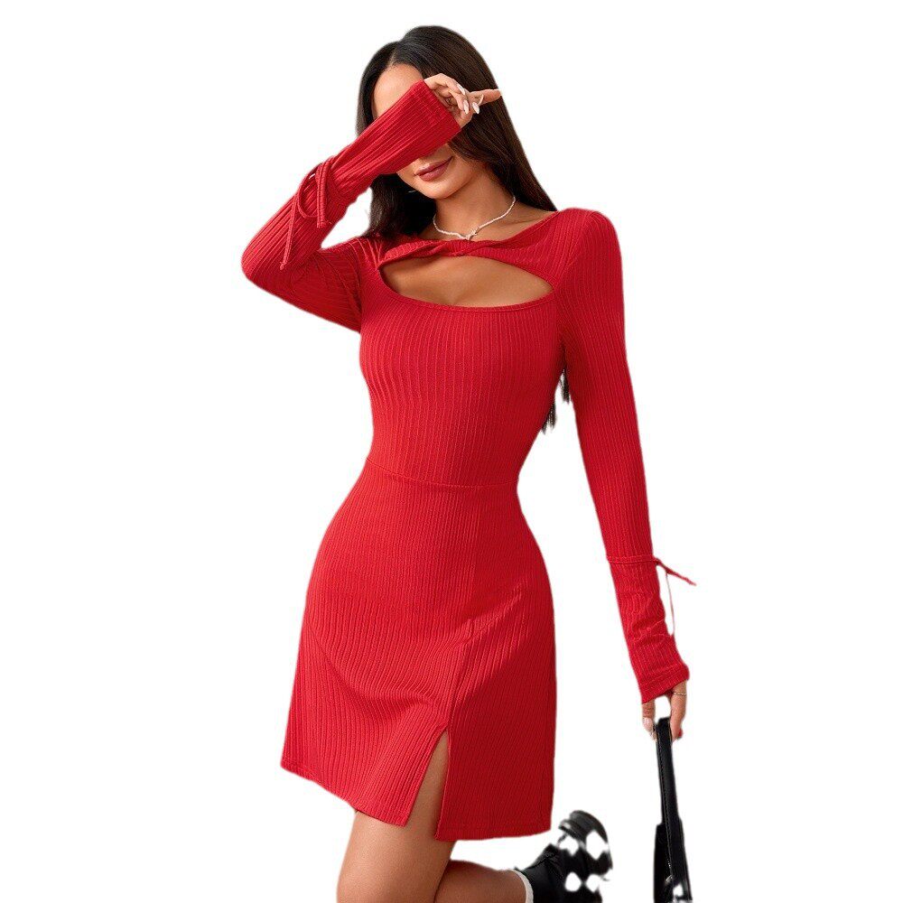 Womens Fashionable Simple Commuter Dress Slim Fit Short Skirt Red Color Spring Summer Collection Wholesale