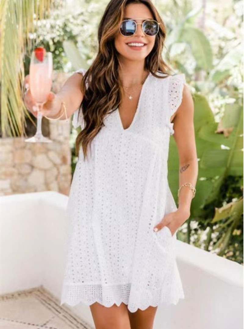Lace Panel Hollow Out V Neck Sleeveless Dress Elegant Spring Fashion Perfect for Casual or Formal Occasions Wholesale