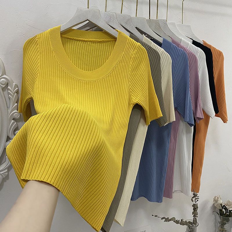 Womens Soft Ice Silk Knit T Shirt Low Round Neck Slim Fit Trendy Design Summer Casual Wear OEM Available