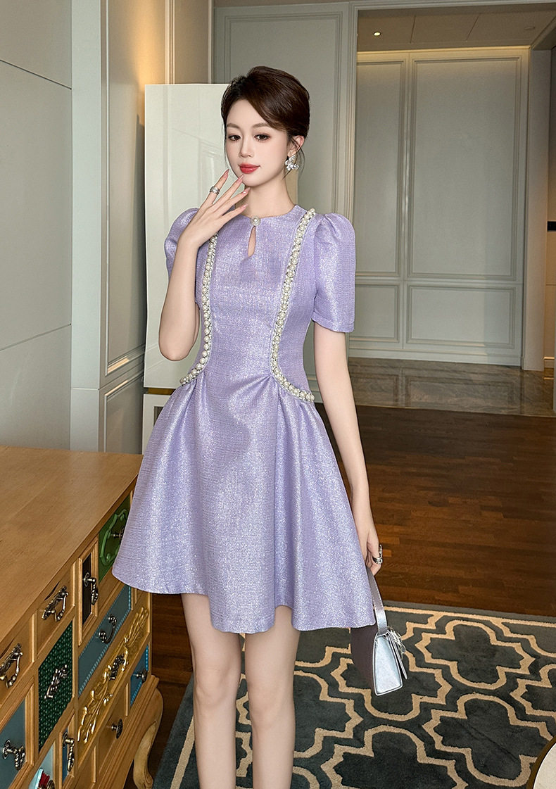 Đầm suông nữ midi cổ tròn tay bồng phong cách Chanel — [Đen], [Champagne] chi tiết 12