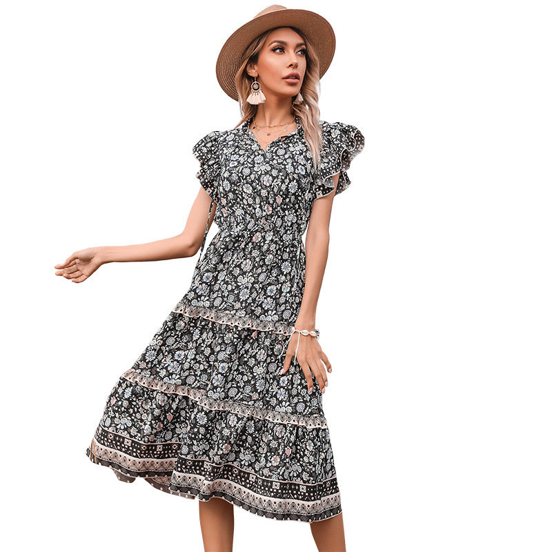 Vintage Floral Ruffle Hem Dress Slim Fit Bohemian Style Summer Wear Available for Wholesale OEM ODM service