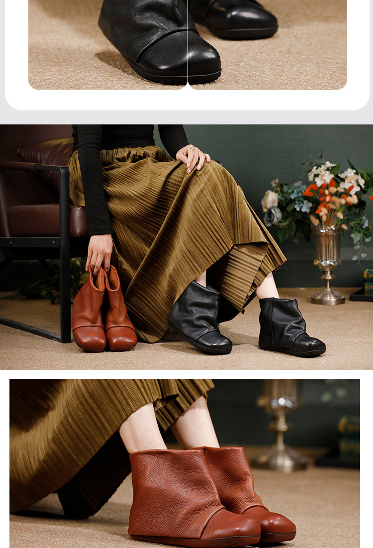 Boot nữ cổ ngắn da bò thật đế bằng mũi tròn phong cách cổ điển — màu đen, Màu nâu