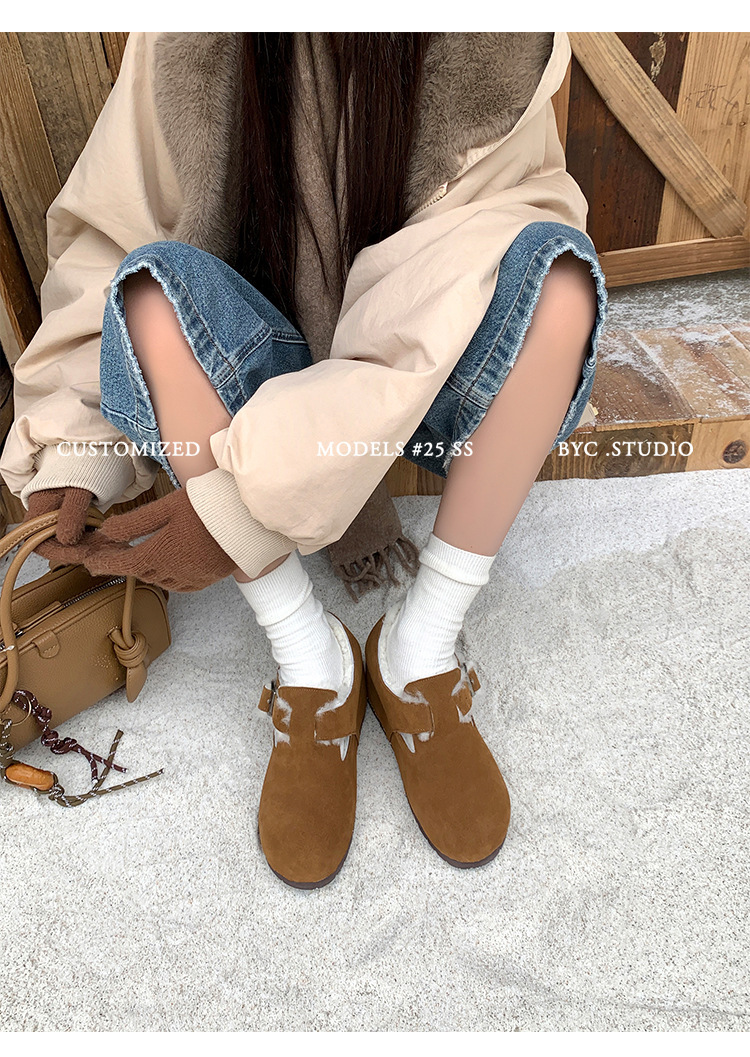 Giày lười nữ lông cừu nguyên tấm đế dày tăng chiều cao, giày bông mùa đông — cà phê nâu, màu kê, màu xám, quả mơ