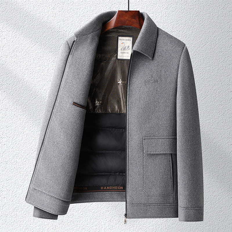 Áo Khoác Nam Lông Cừu, Tơ Tằm, Lông Vũ, Vải Tweed, Lót Tháo Rời Màu Xám, Đen