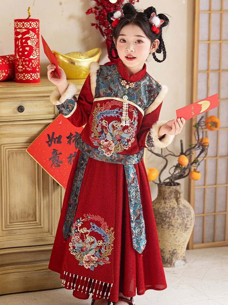 Girls Dress Autumn and Winter Wedding Little Girl Burgundy New Year's  Greetings Dress Piano Performance Birthday Performance Host Chinese Style |  MoveOn