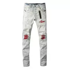Cross-border New European and American High Street Trendy Brand Ripped Red Patch Elastic Slim-fit Light Color Skinny Jeans Men's Trendy