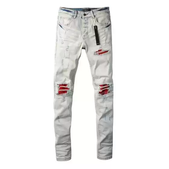 Cross-border New European and American High Street Trendy Brand Ripped Red Patch Elastic Slim-fit Light Color Skinny Jeans Men's Trendy