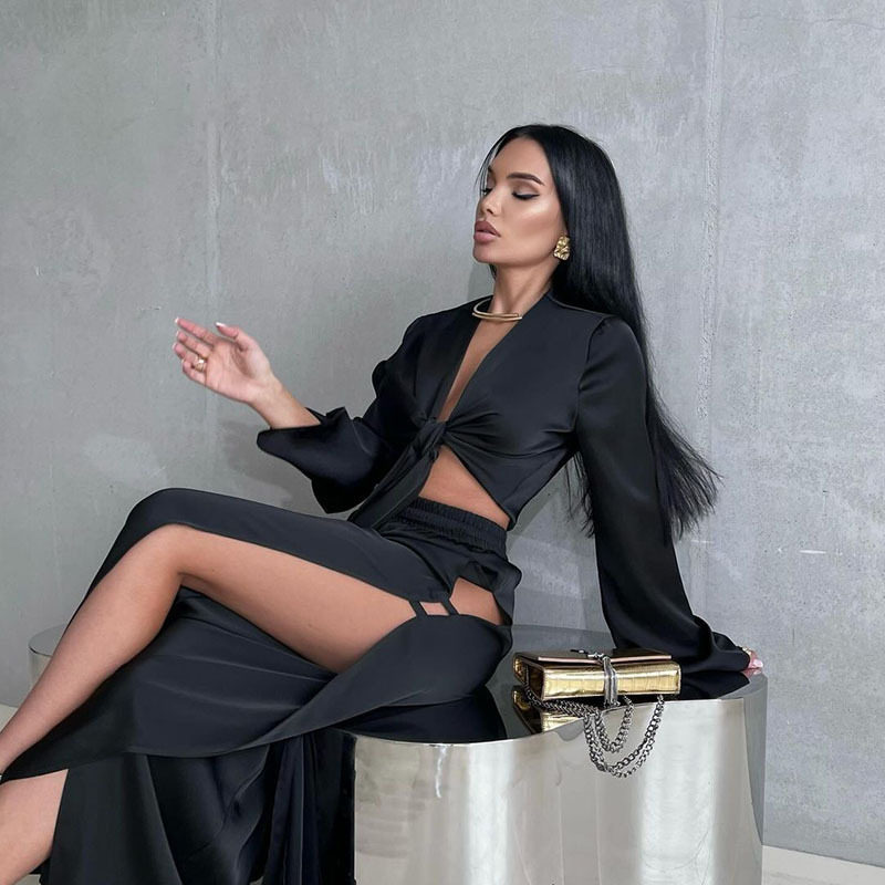 Fashionable Long Sleeve Tie Front Crop Top and Hollow Out Split Leg Pants Set Street Style Wholesale Available