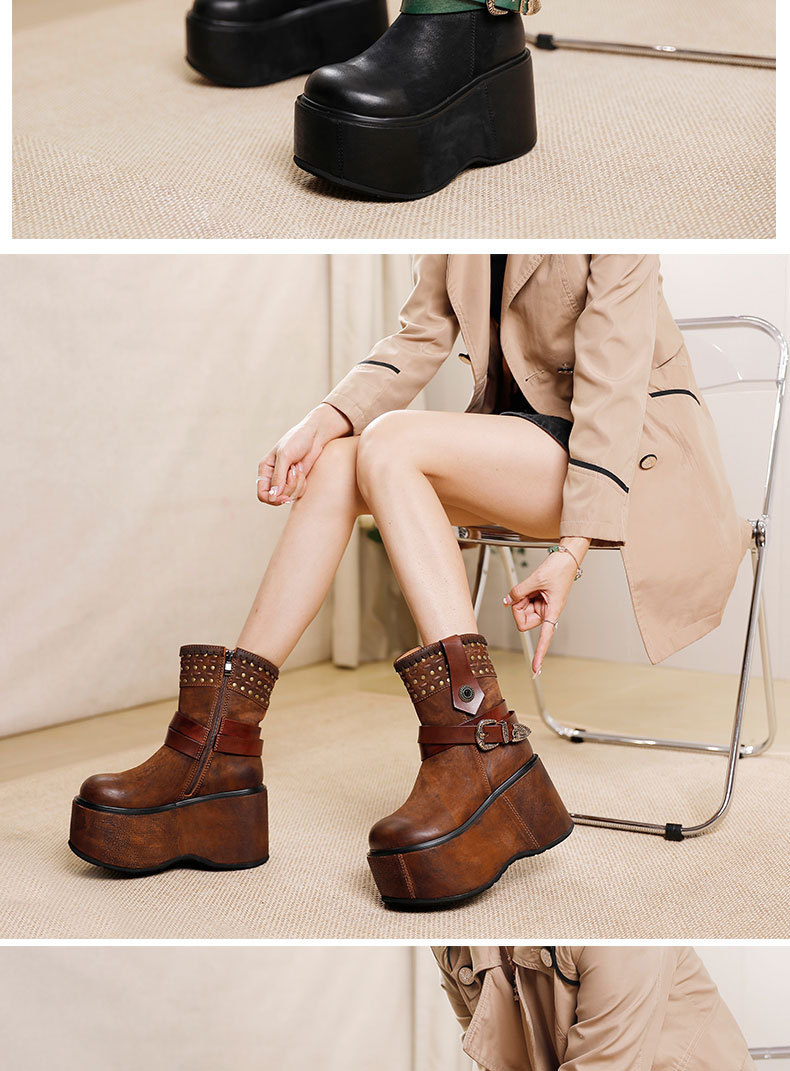 Boot nữ cổ trung da bò thật đế dày khóa kéo bên hông — Màu cà phê, Màu đen