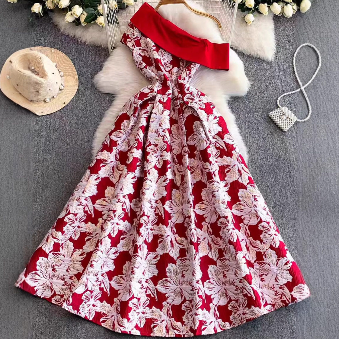 Off Shoulder Floral Print Dress High Waist A Line Silhouette Elegant Design Perfect for Work or Special Occasions