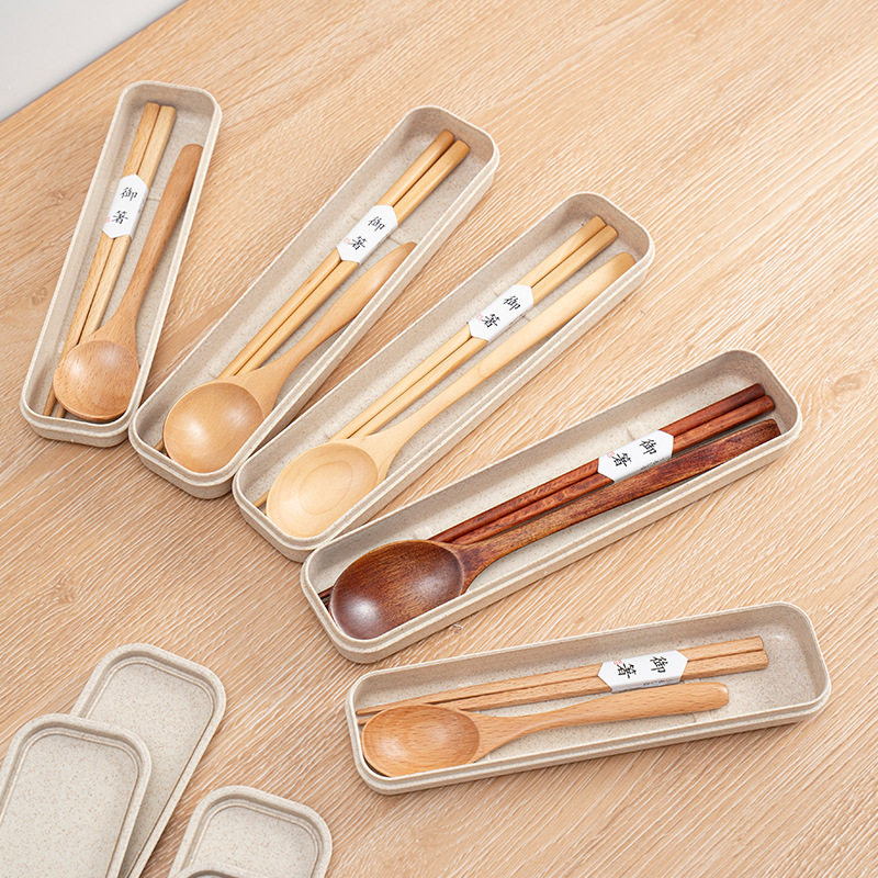 Beech Phoebe Portable Outdoor Travel Wooden Tableware Wholesale Japanese Chopsticks Wooden Spoon Storage Set for Primary School Students