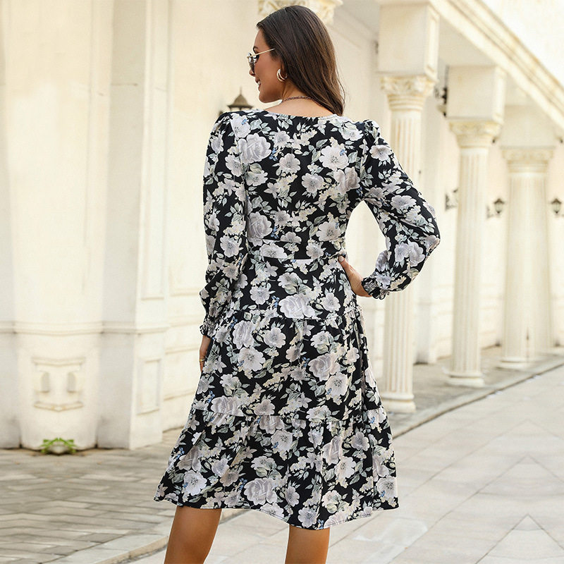 Elegant Floral Long Sleeve Dress Waist Defined Autumn Winter Style Wholesale Available customizable