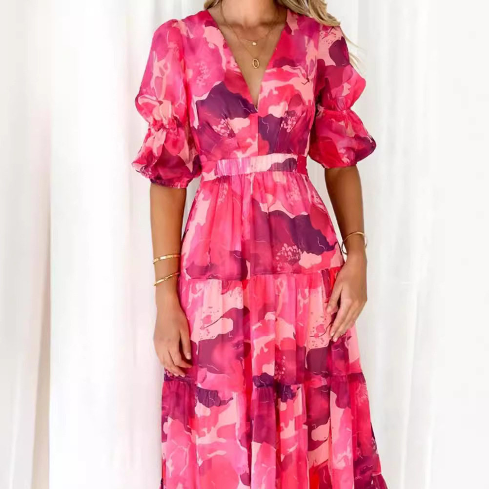 Floral Print V Neck Puff Sleeve Dress Waist Defining Summer Style Perfect for Casual Outings Wholesale Available