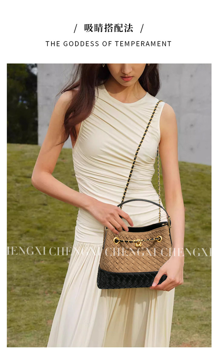 Túi bucket nữ đan phối dây đeo chéo, túi tote xách tay dáng xô phong cách retro — Nhà máy riêng, có thể tùy chỉnh theo yêu cầu., Y2821 # Đỏ rượu/Đen, Y2821 # Sô cô la, Y2821 # Xám ấm/Đen
