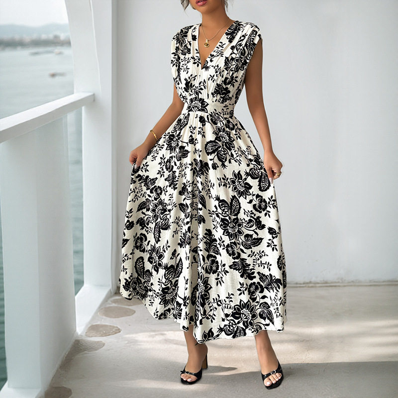 Elegant Black and White Floral Print Sleeveless Dress V Neck Trendy Design Perfect for Summer Events Wholesale