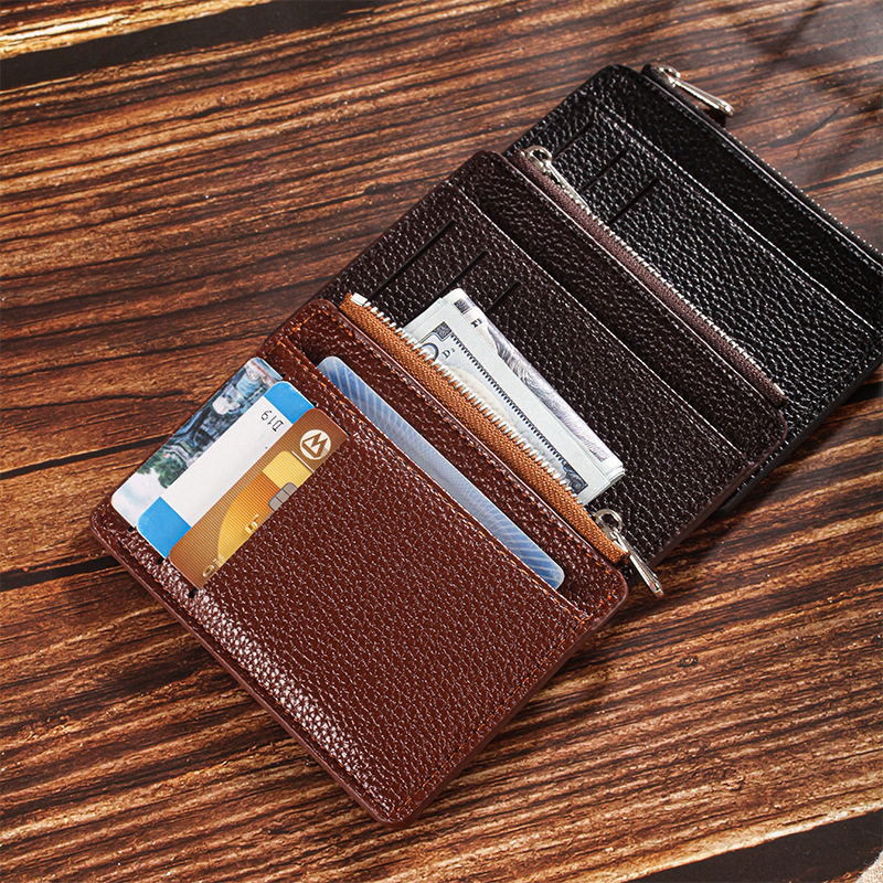 Black Lychee Leather Card Holder Document Organizer Zipper Wallet Multifunctional Coin Purse Card Holder Business Style