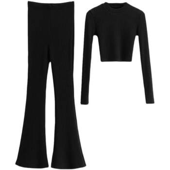 European and American Style Slim-Fitting Short Half-High Collar Long-Sleeved Knitted Suit for Women Spring and Autum High-Waisted Floor-Length Bell-Bottom Pants Two-Piece Set