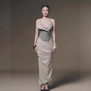 Spot vietnamese niche design flower strap slim suspender top elegant lady long skirt two-piece set 50238