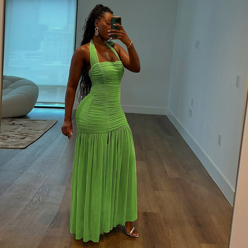 Womens Fashion Backless Ruched Layered Dress Stylish Halter Neck Slim Fit Elegant Design Perfect for Autumn Events
