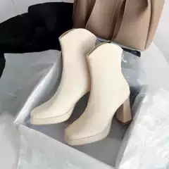 Genuine Leather ~ High Heel Thin Boots V-Mouth Thick Bottom Short Boots Women's 2024 Winter Platform Thin Boots Thick Heel Square Toe Martin Boots