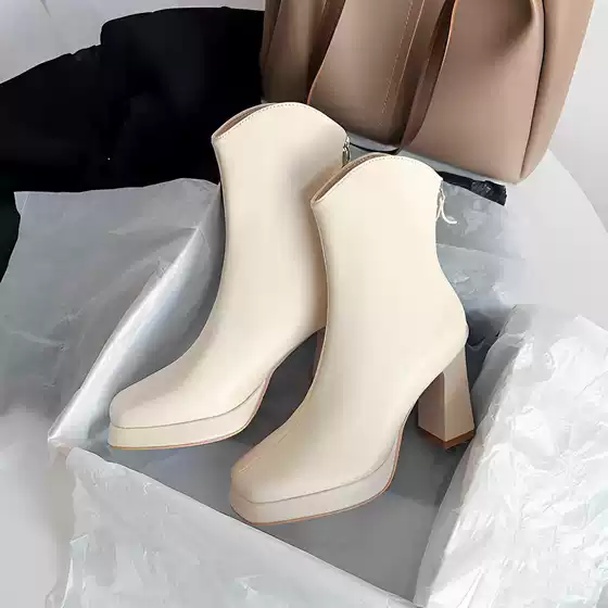 Genuine Leather ~ High Heel Thin Boots V-Mouth Thick Bottom Short Boots Women's 2024 Winter Platform Thin Boots Thick Heel Square Toe Martin Boots