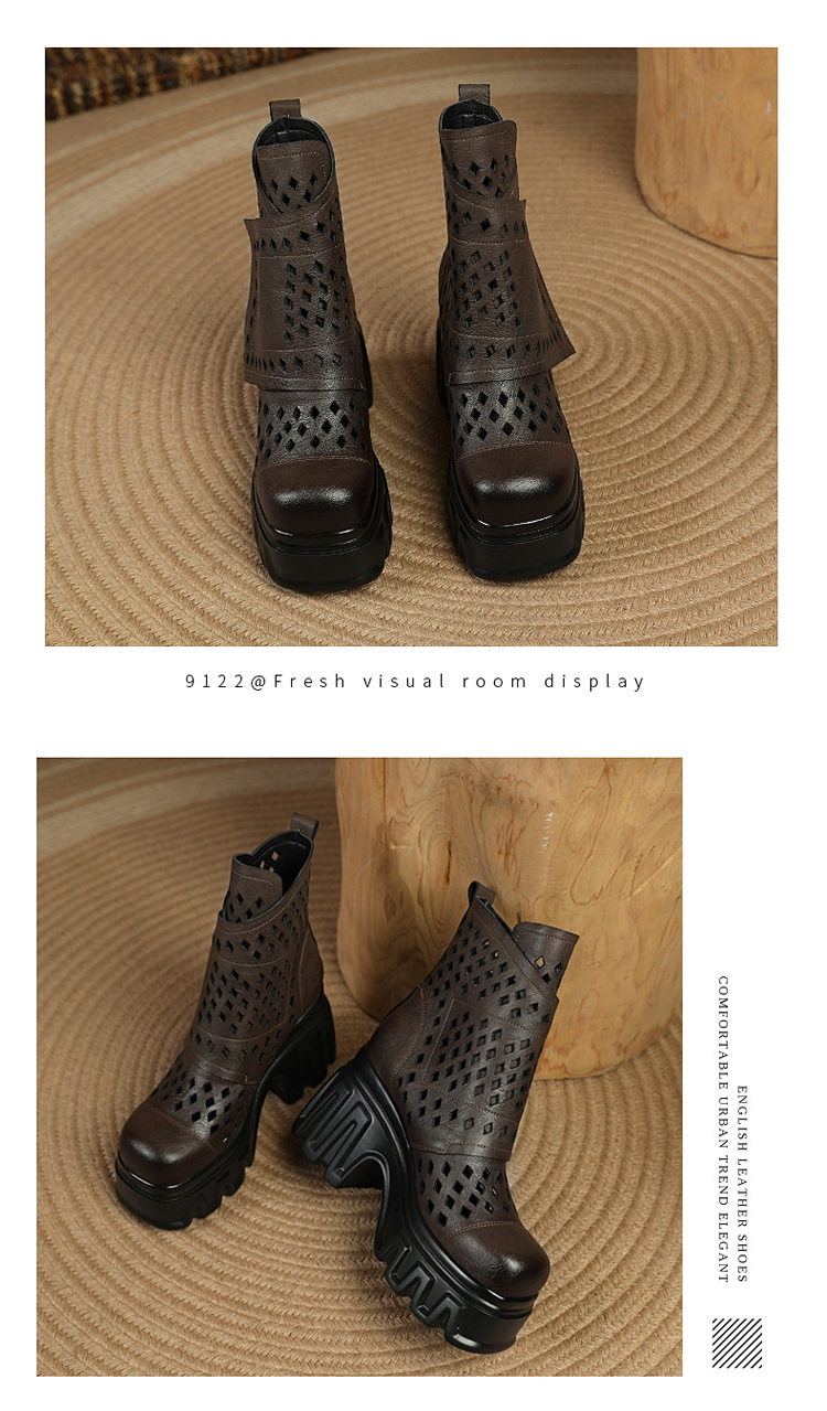 Sandal cao gót nữ hở mũi da bò lỗ khí mùa hè, gót siêu cao 8 cm, phong cách Martens — [Trắng], [Hồng], [Kaki đậm], [Đen] chi tiết 11